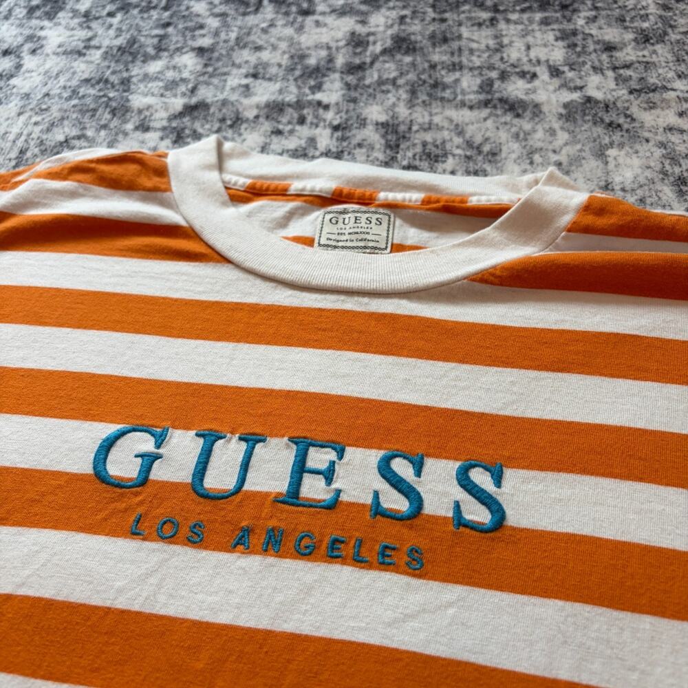 Guess Los Angeles Men's Striped T-Shirt Orange White Embroidered Logo Sz Medium - Picture 3 of 10